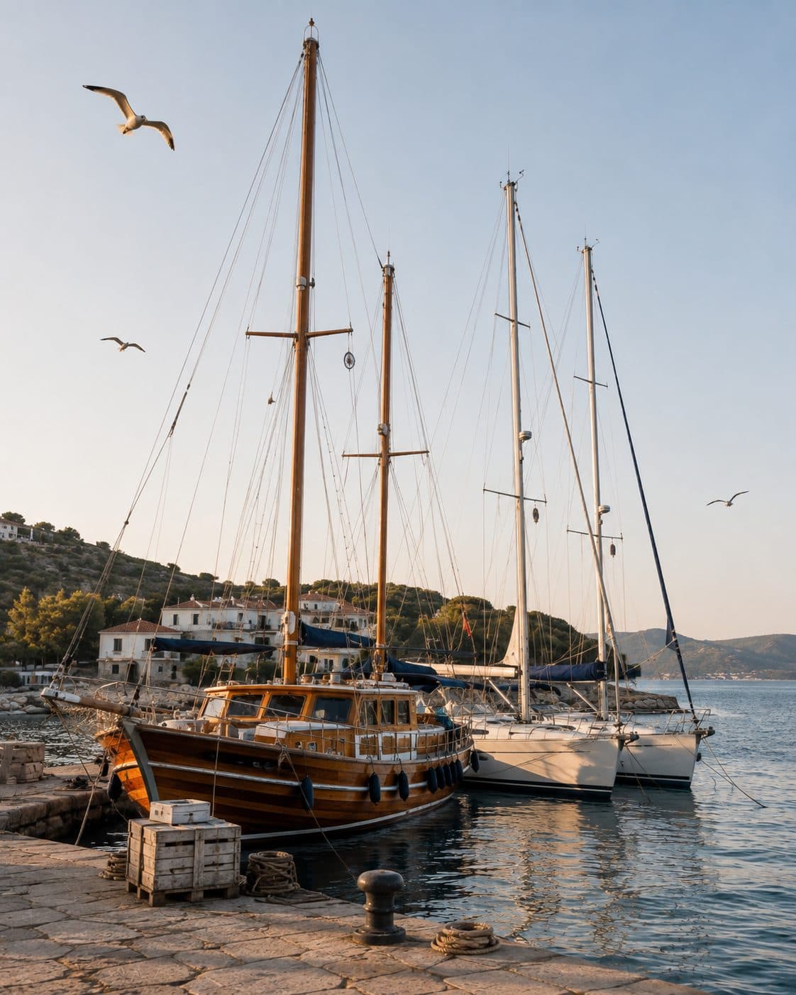 Küçük bir Ege limanında gulet ve yelkenliler
